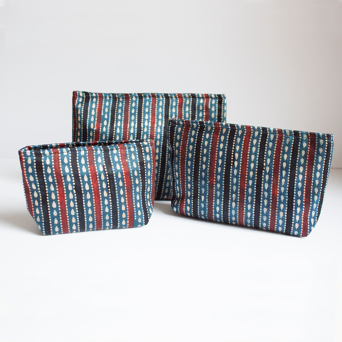 Hand Block Print Pouch Set of 3 in Blue Black Stripes