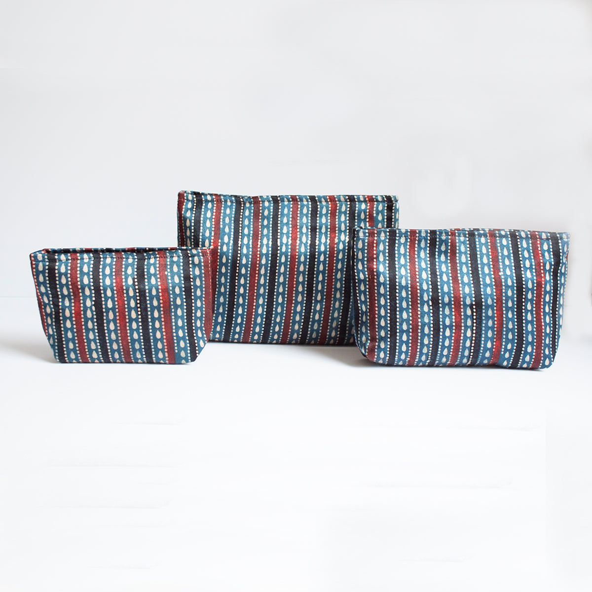 Hand Block Print Pouch Set of 3 in Blue Black Stripes
