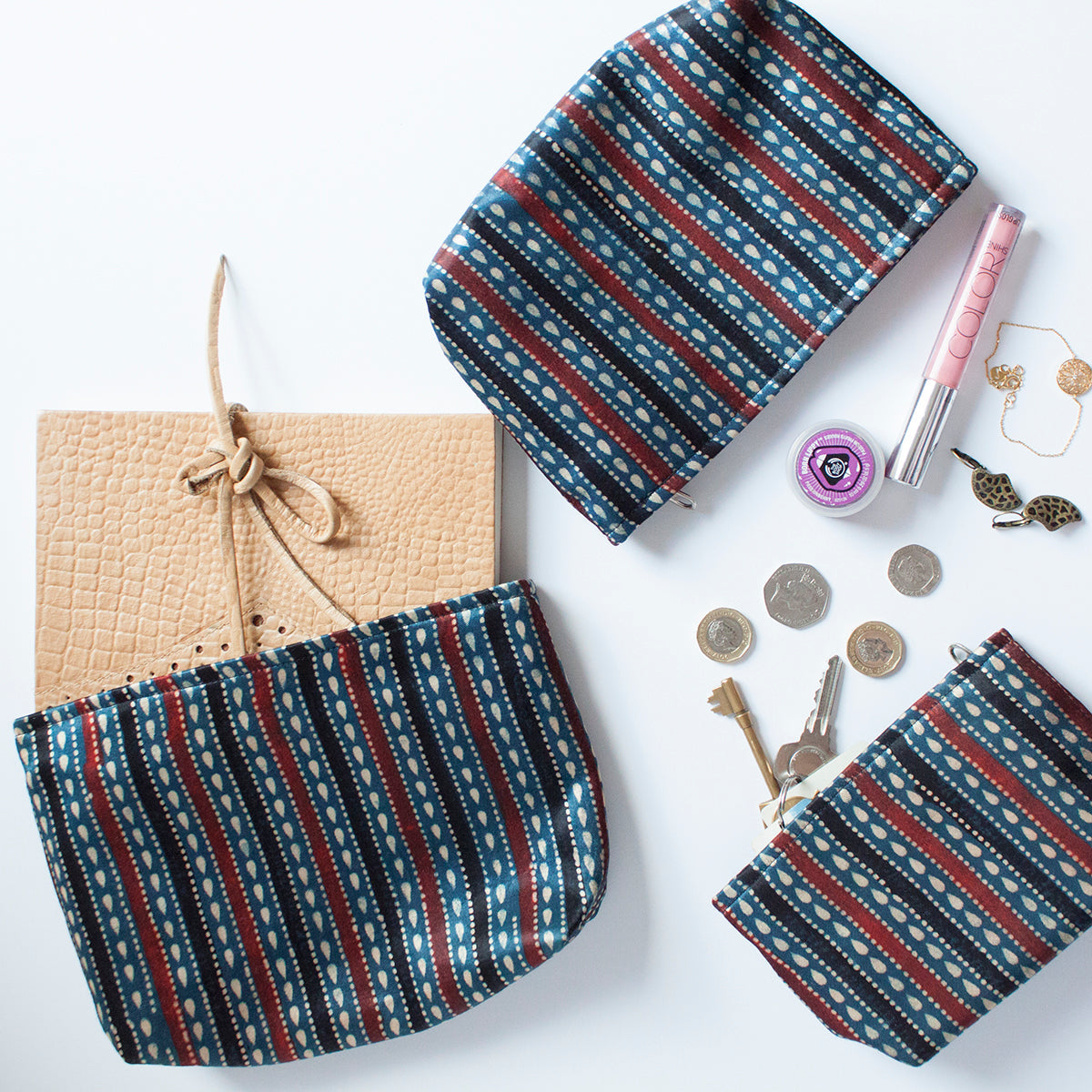 Hand Block Print Pouch Set of 3 in Blue Black Stripes