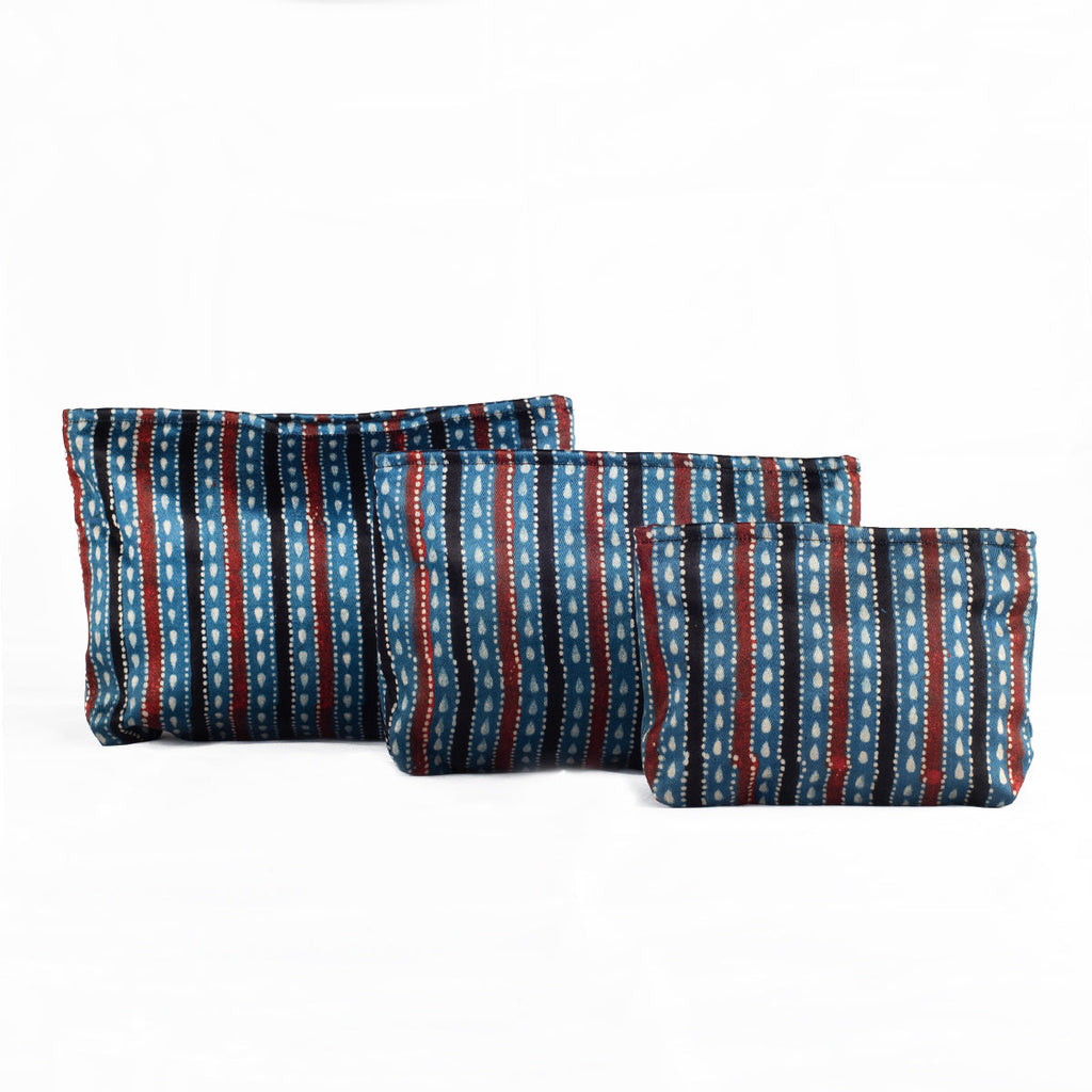 Hand Block Print Pouch Set of 3 in Blue Black Stripes