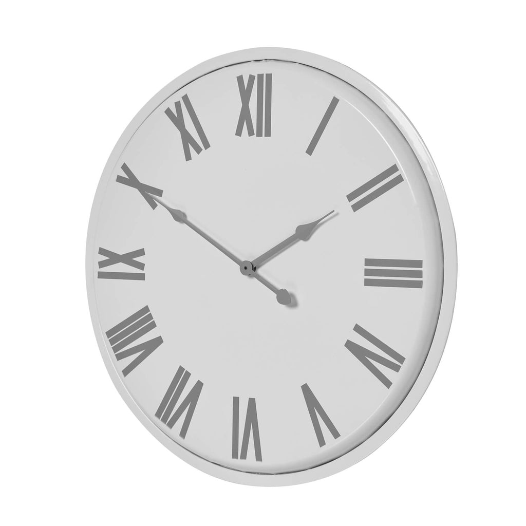 White metal Flemings wall clock, 49cm square minimalist design with sleek modern numerals, perfect for contemporary decor by sostter at brixbailey.com