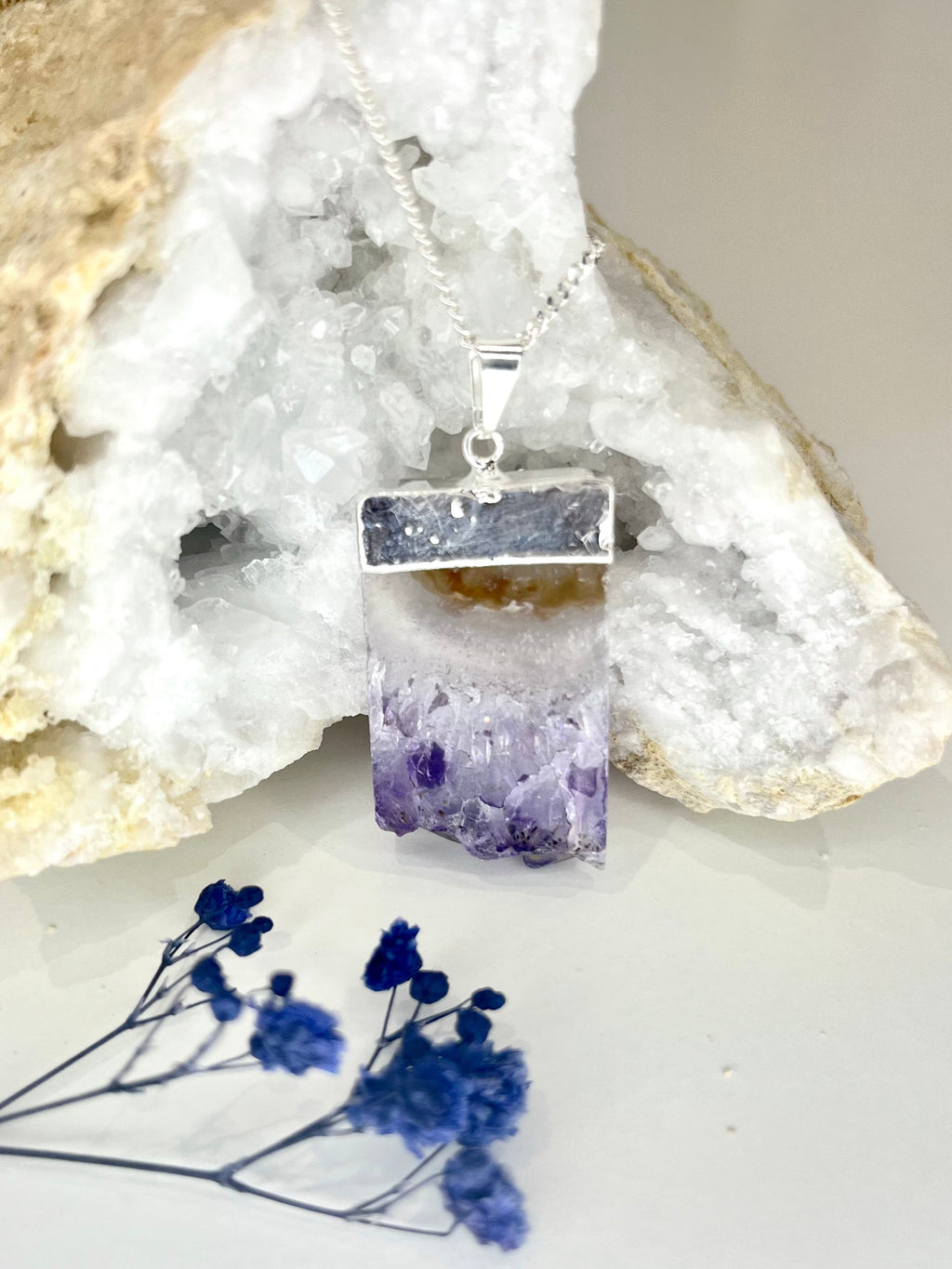 Natural Amethyst Slice Necklace with Silver Chain