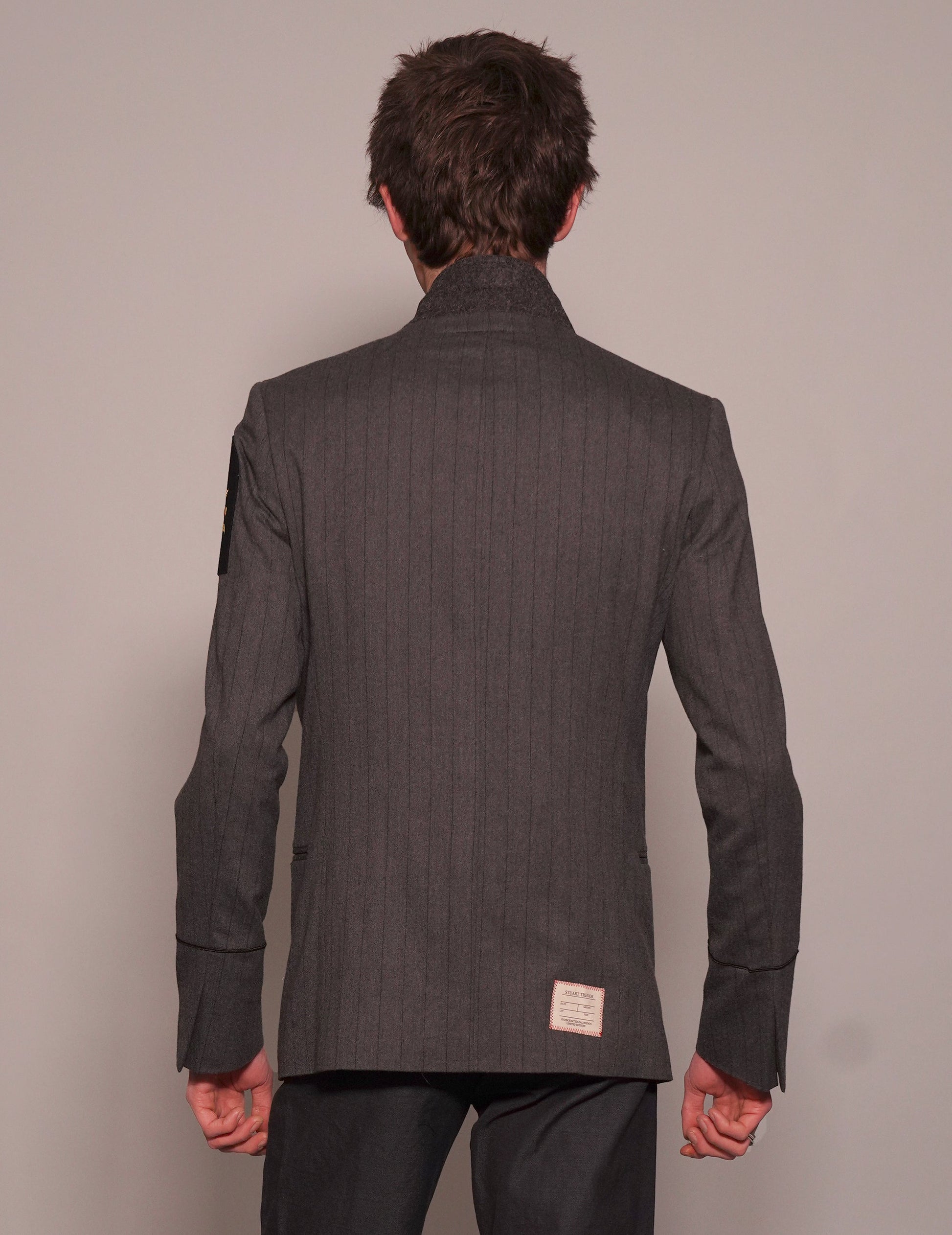 Striped Grey Wool Blazer with Vintage Navy Patch
