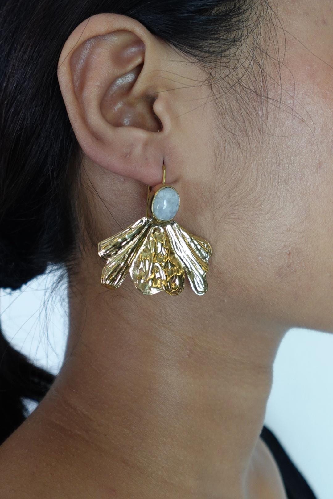 Textured Gold Bloom Earrings with Moonstone and Labradorite Tops