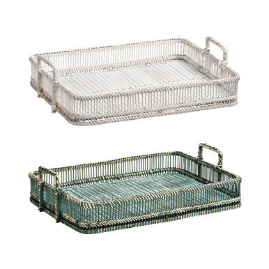Grey Washed Rattan and Bamboo Rectangular Tray