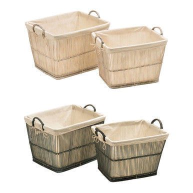 Washed Grey Rattan and Bamboo Storage Baskets, Set of 2