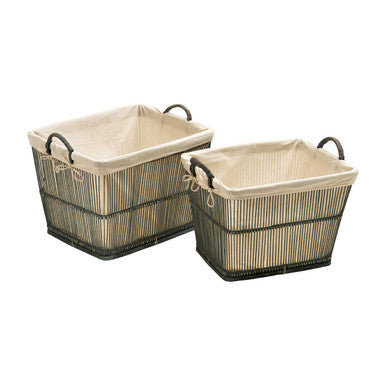 Washed Grey Rattan and Bamboo Storage Baskets, Set of 2
