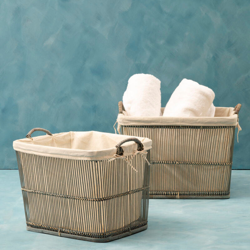 Washed Grey Rattan and Bamboo Storage Baskets, Set of 2