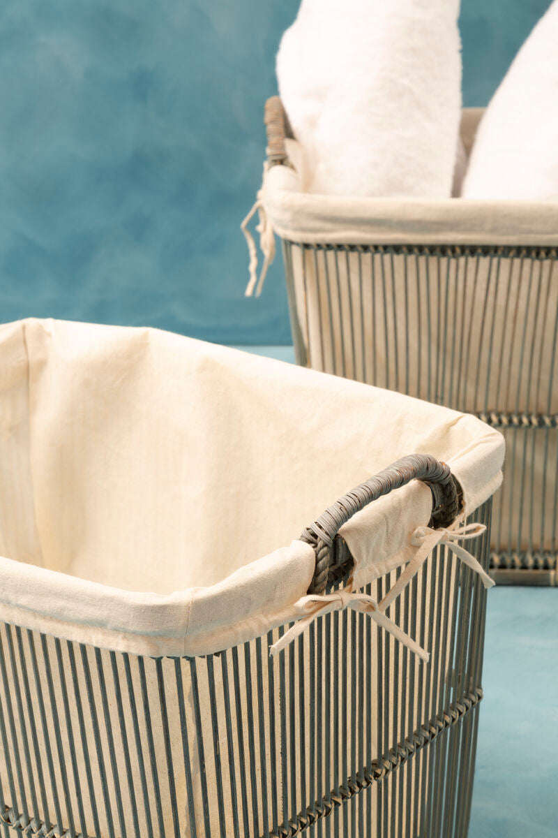 Washed Grey Rattan and Bamboo Storage Baskets, Set of 2