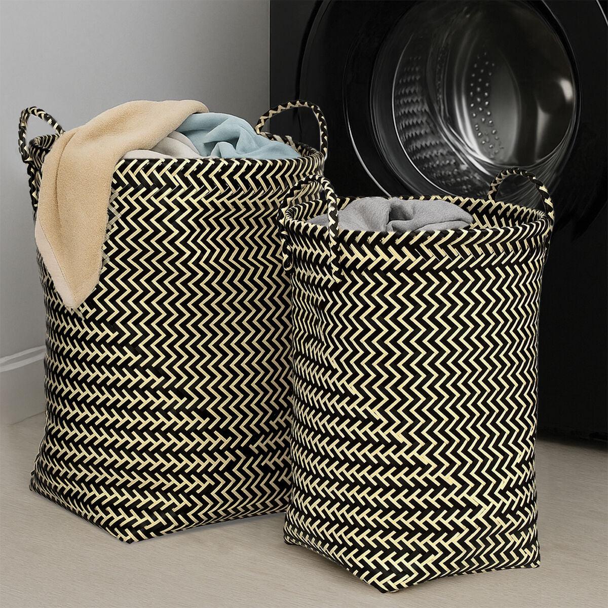 Set of Two Black and White Woven Storage Baskets