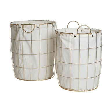 Set of Two Round Gold Wire Laundry Baskets