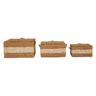 Set of Three Rectangular Seagrass Baskets With Lids
