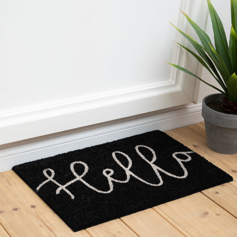 Hello Black Coir Doormat