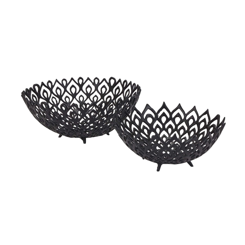 Black perforated steel lattice bowl creating light and shadow patterns, modern matte finish, 32cm diameter. by RoomLondon at brixbailey.com