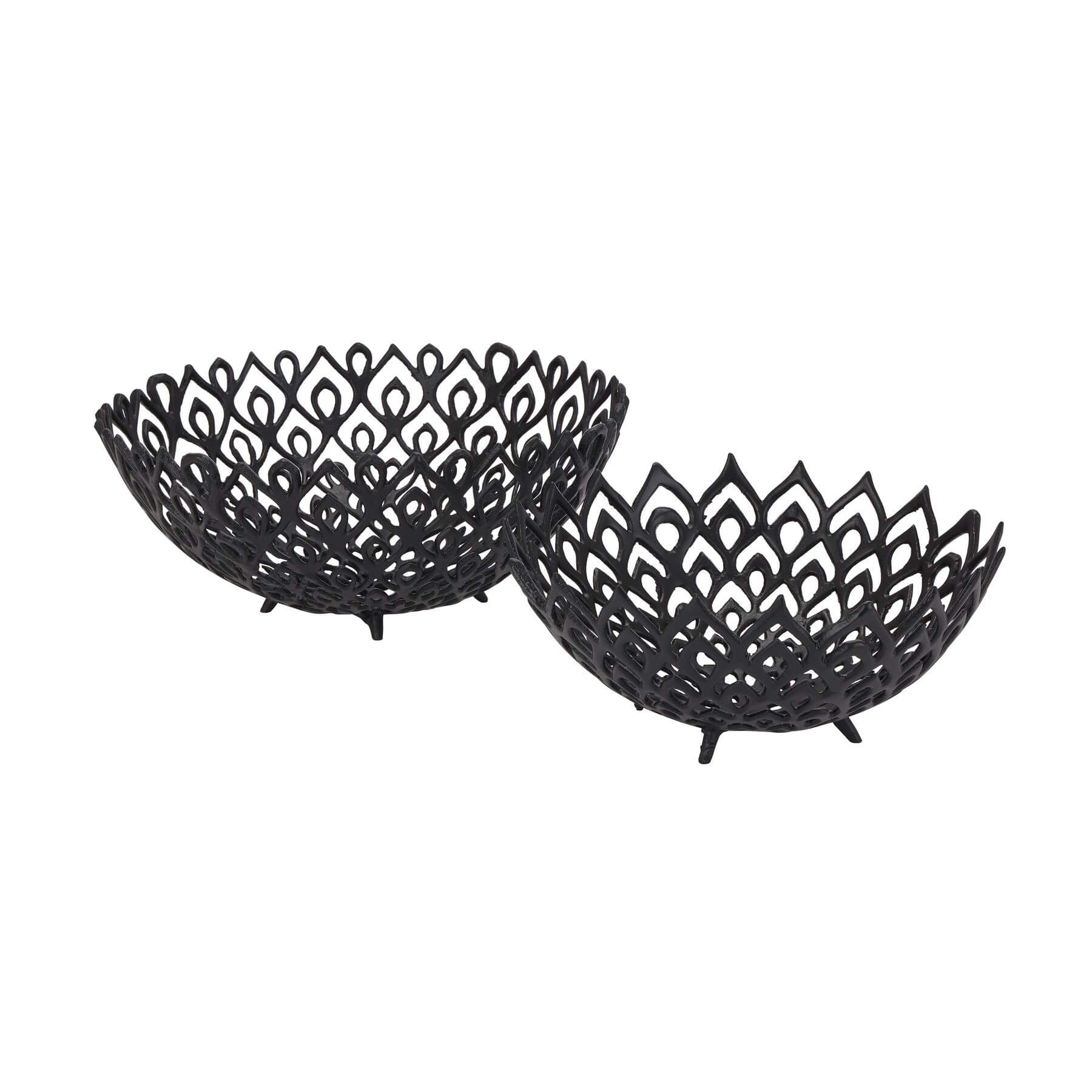 Black perforated steel lattice bowl creating light and shadow patterns, modern matte finish, 32cm diameter. by RoomLondon at brixbailey.com