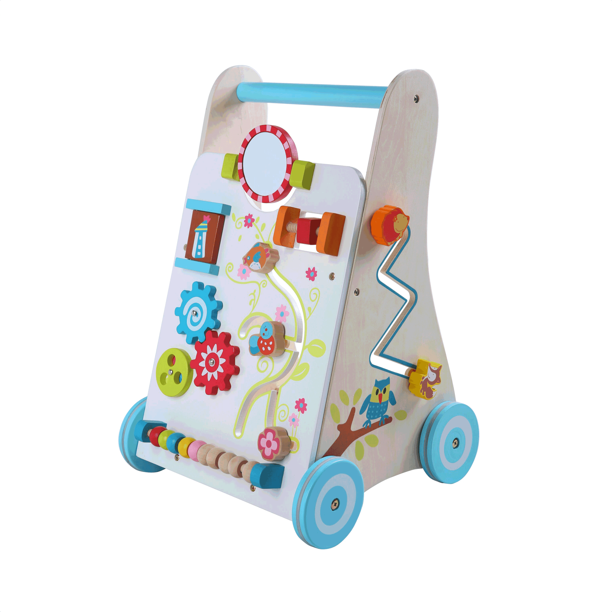 confident baby standing with a vibrant wooden activity walker, ready to explore
