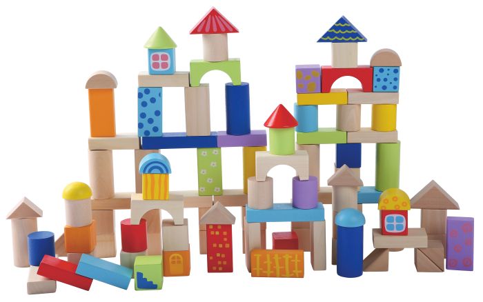 a vibrant tower of colorful wooden blocks being playfully stacked by a child's hands