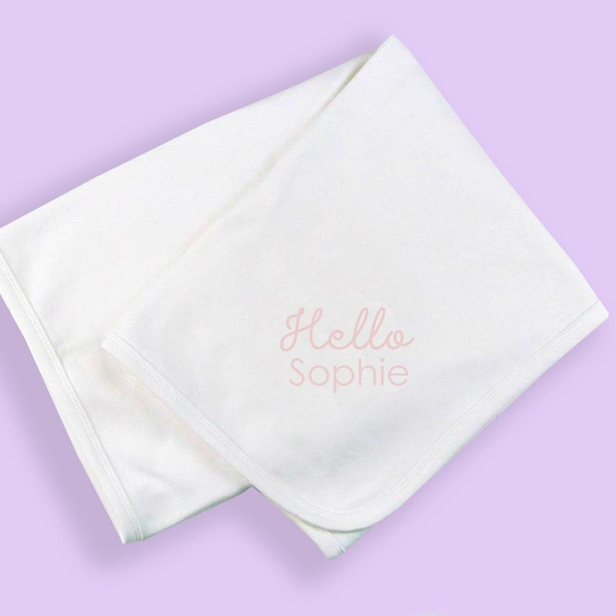 Personalised White Hello Baby Pram Blanket