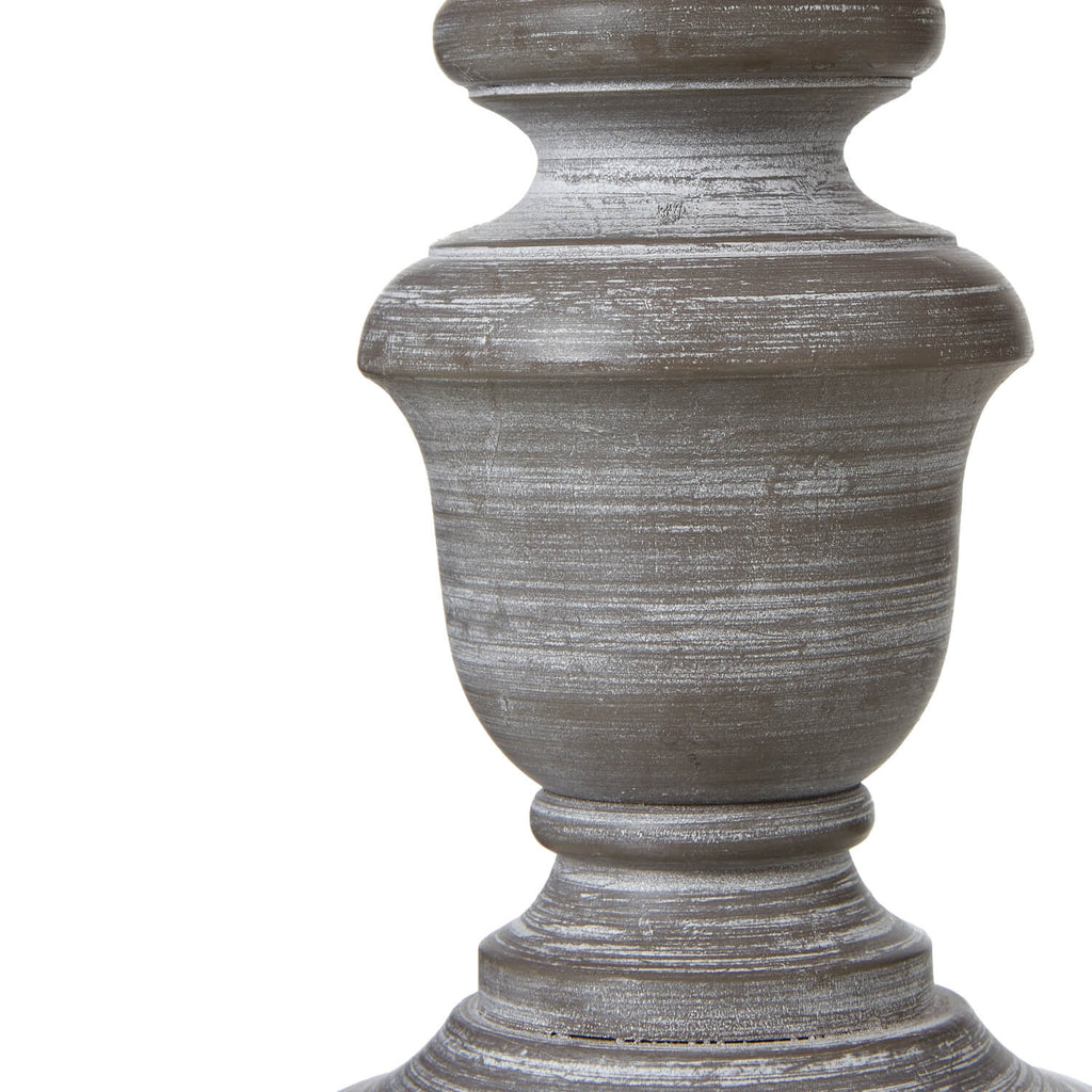 Belluno Urn Table Lamp with distressed wood base and linen shade in warm grey, rustic home decor lighting by Sostter at brixbailey.com