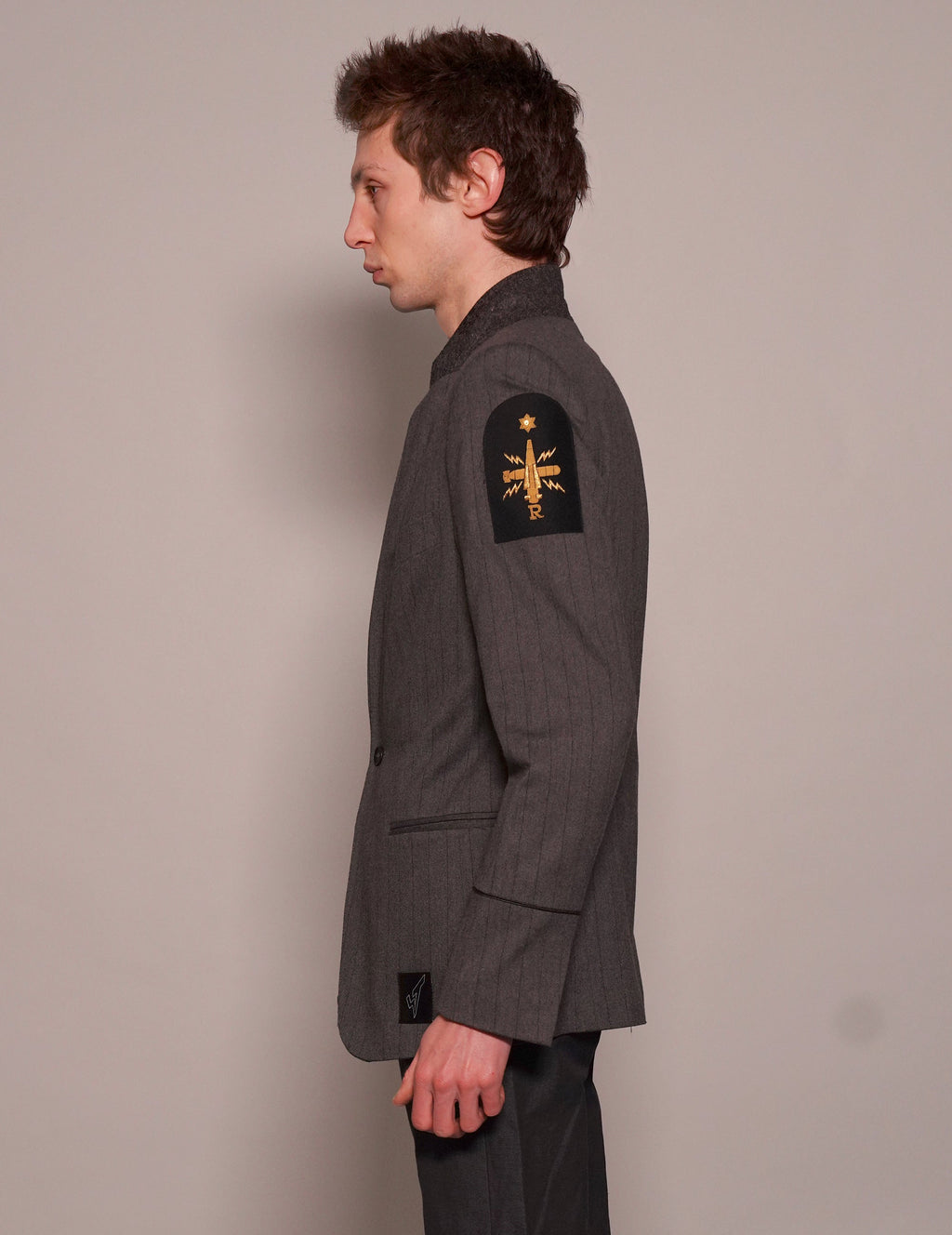 Striped Grey Wool Blazer with Vintage Navy Patch