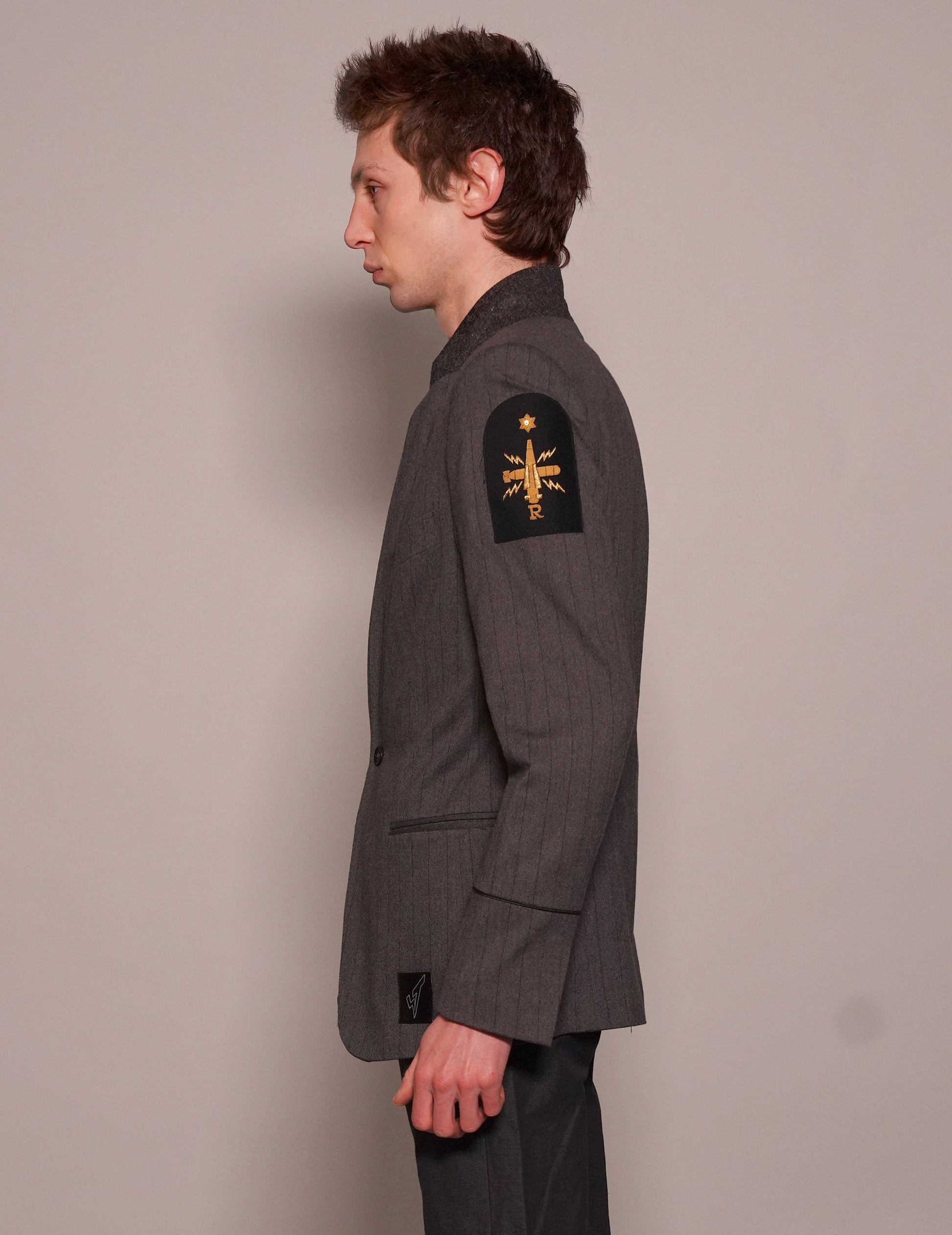 Striped Grey Wool Blazer with Vintage Navy Patch