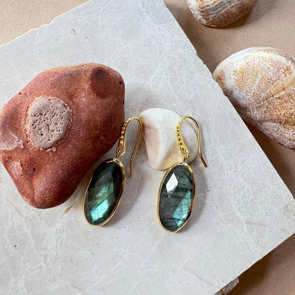 Oval Labradorite Drop Earrings in Gold