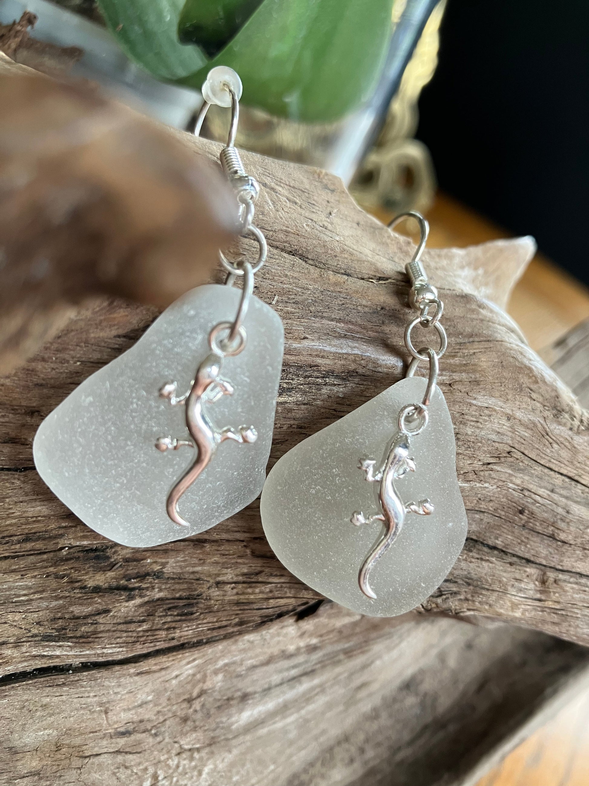 Gecko Lizard Earrings White Seaglass Sterling Silver