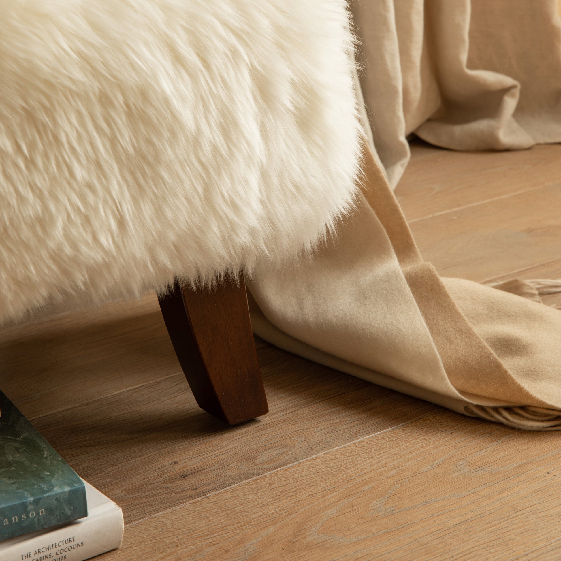 Pure White Sheepskin Stool with Wood Legs
