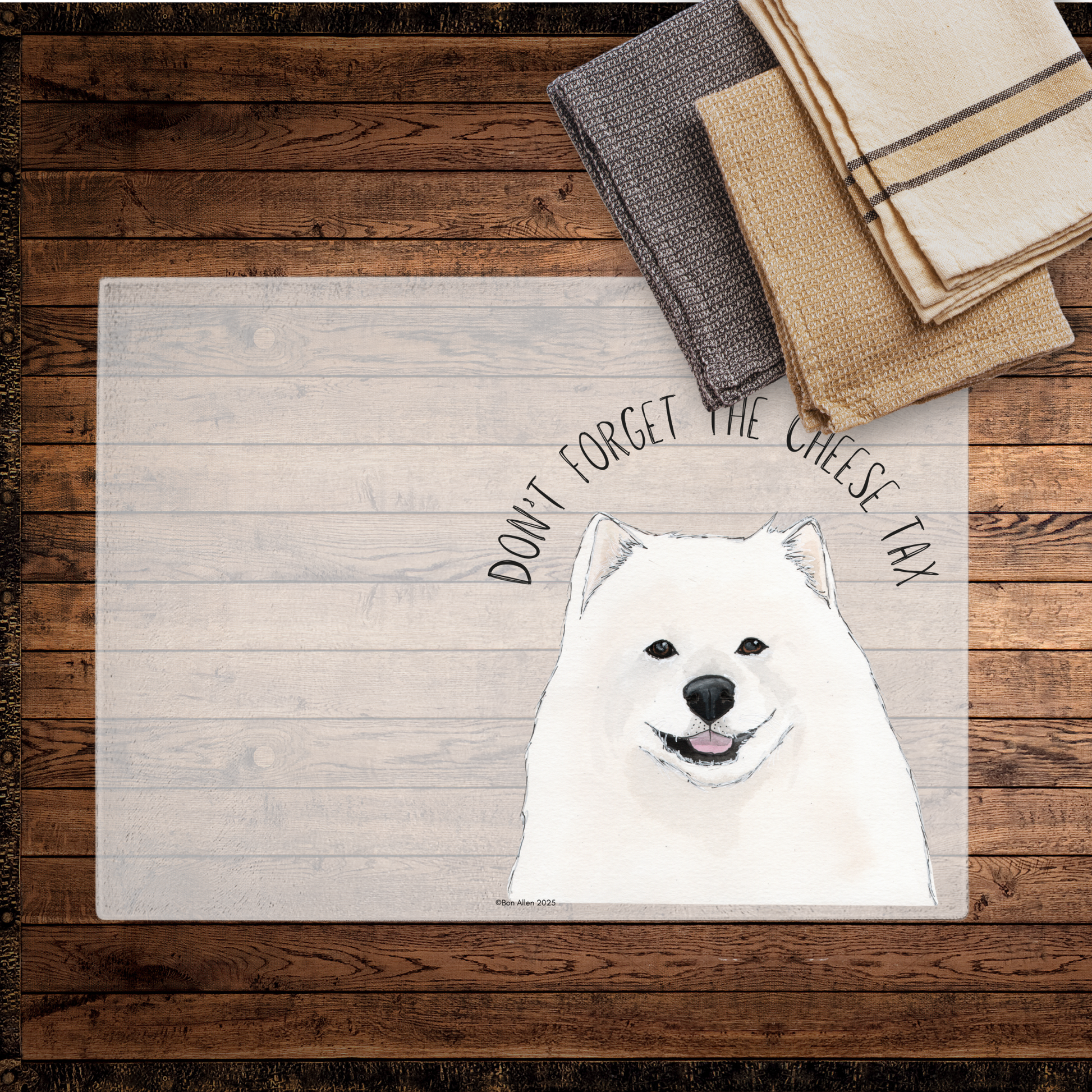 Samoyed Cheese Tax Enforcer Glass Chopping Board