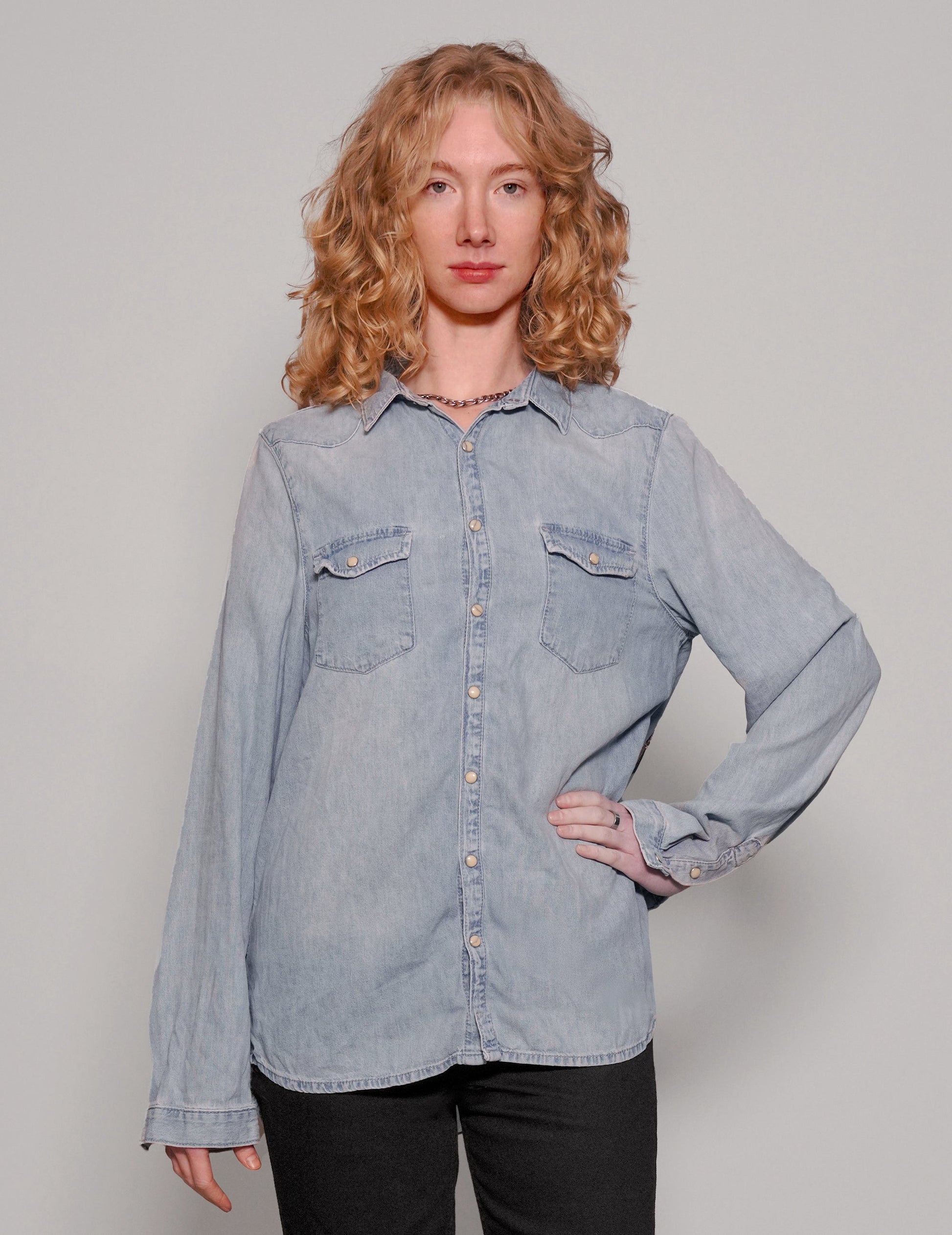 Light Blue Denim Party Back Shirt with Gold Star Sequins