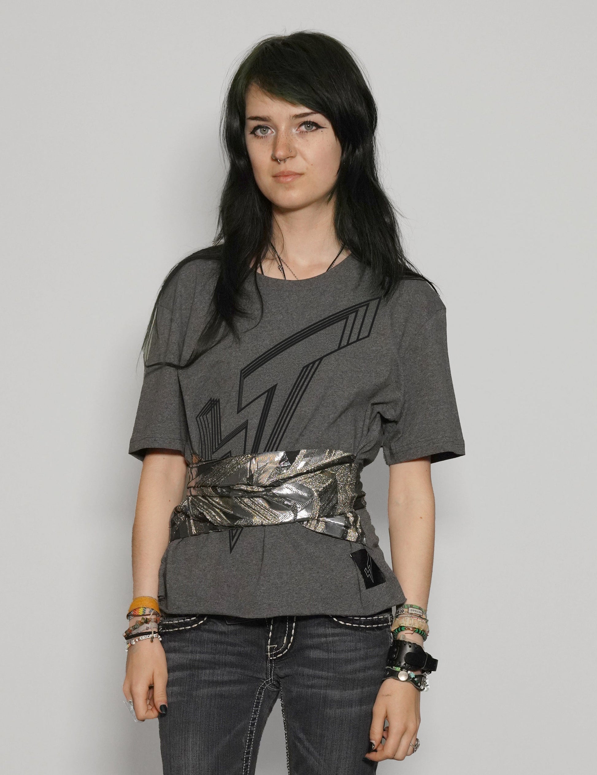 Grey Cropped Tie Tee with Silver Logo