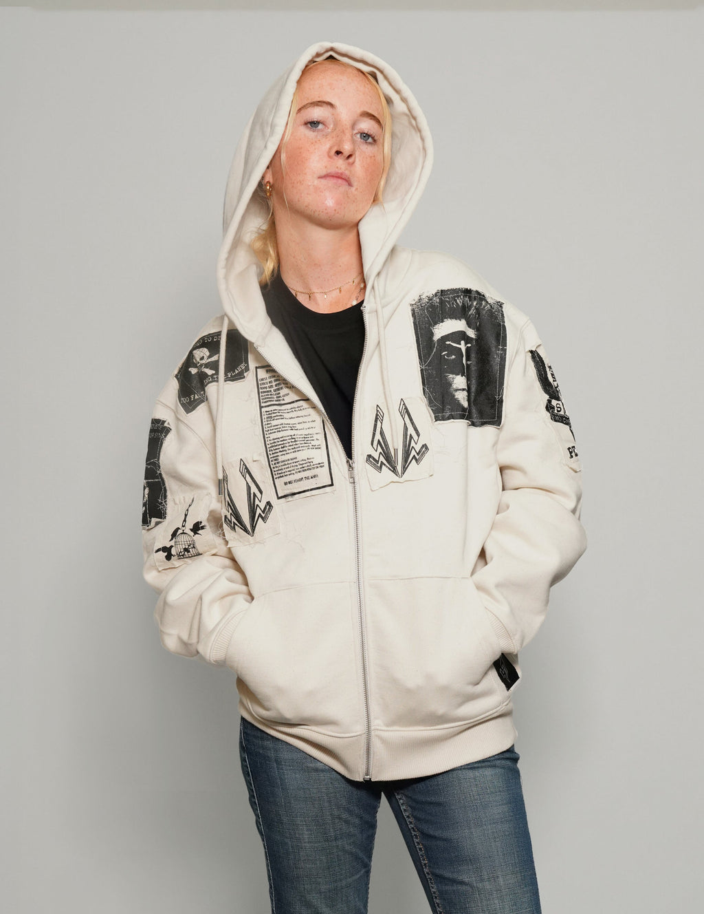 Multipatch Zip Hoodie in Ecru