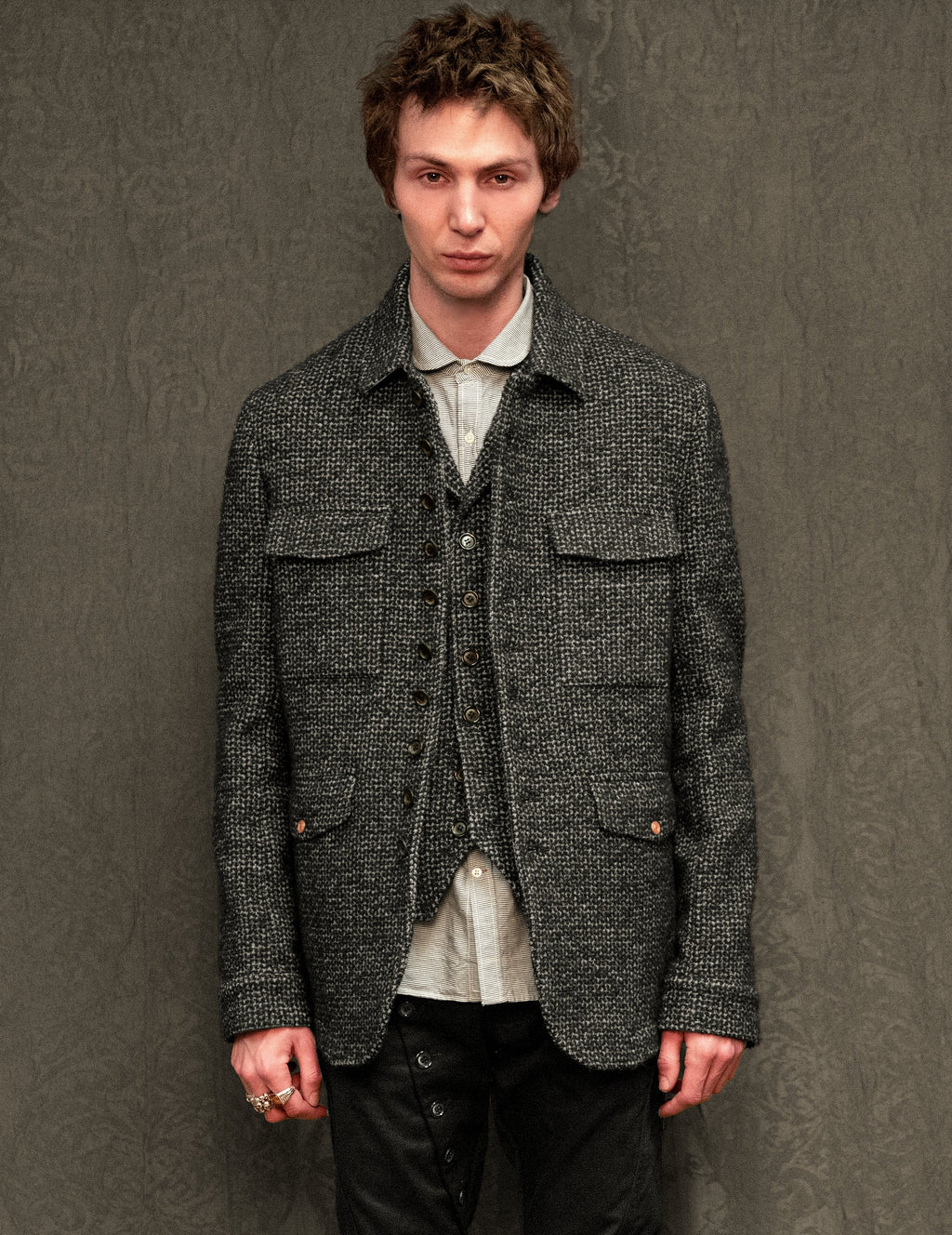 Monaco Car Coat in Tweed Charcoal and Black