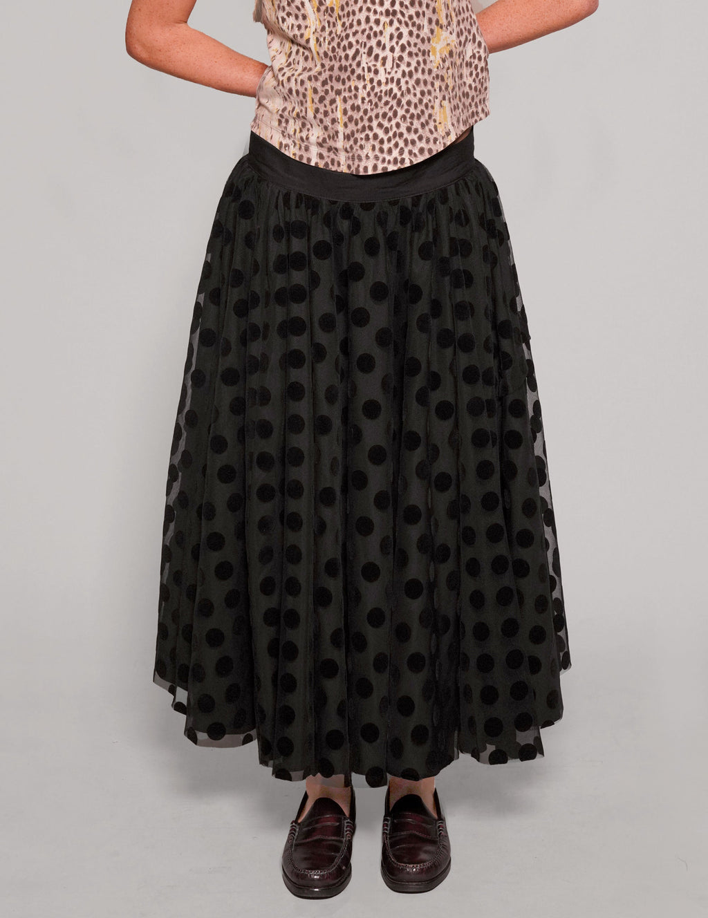 Black Polka Dot Mesh Maxi Skirt