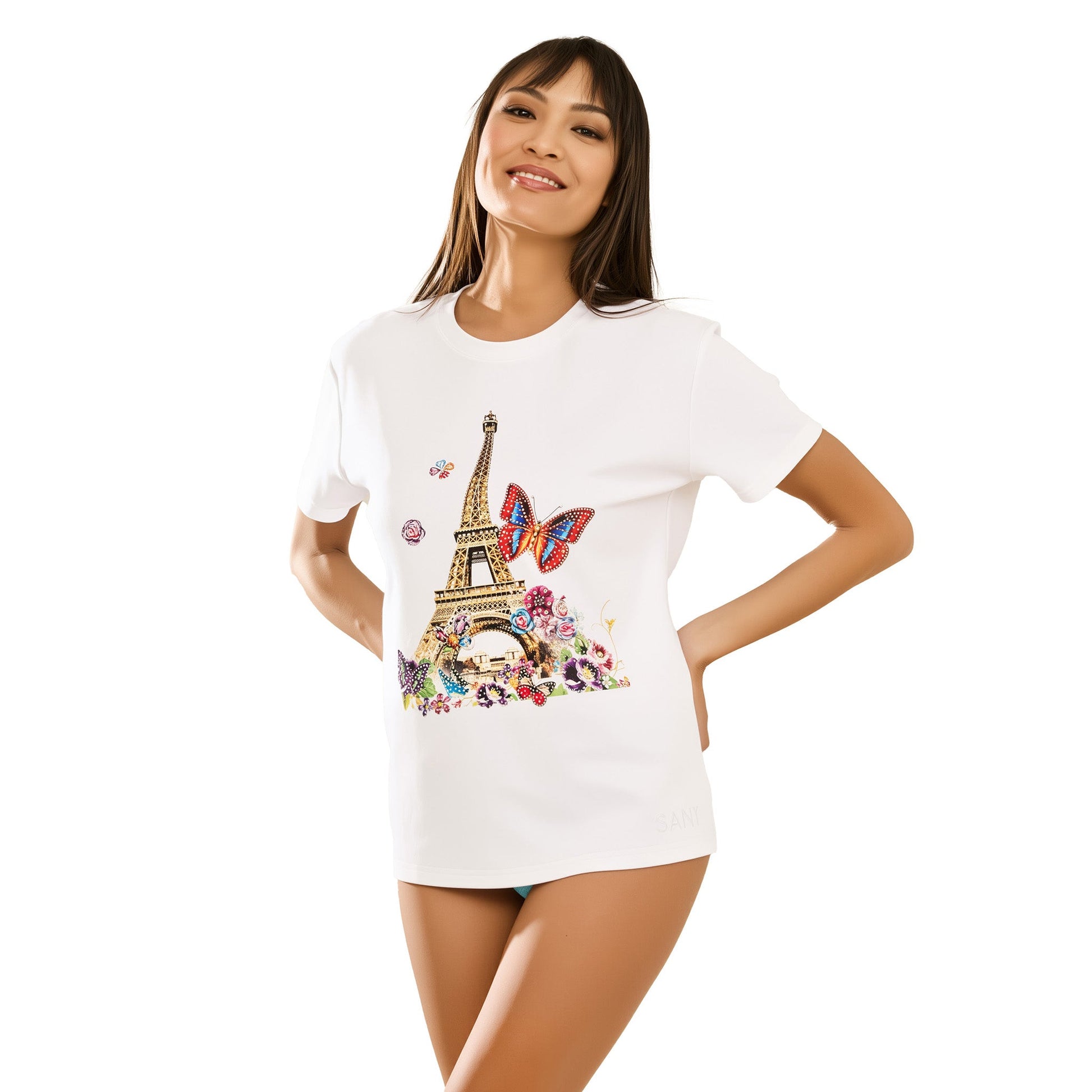 Cotton Eiffel Tower Printed and Embroidered T-Shirt