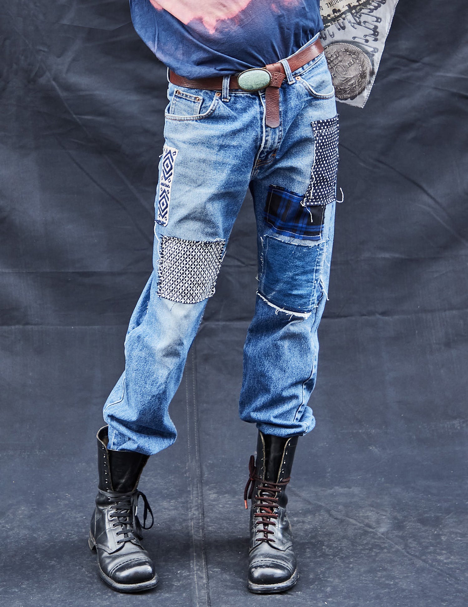 Customised Patched Denim Jeans with Hand Stitched Shibori Details