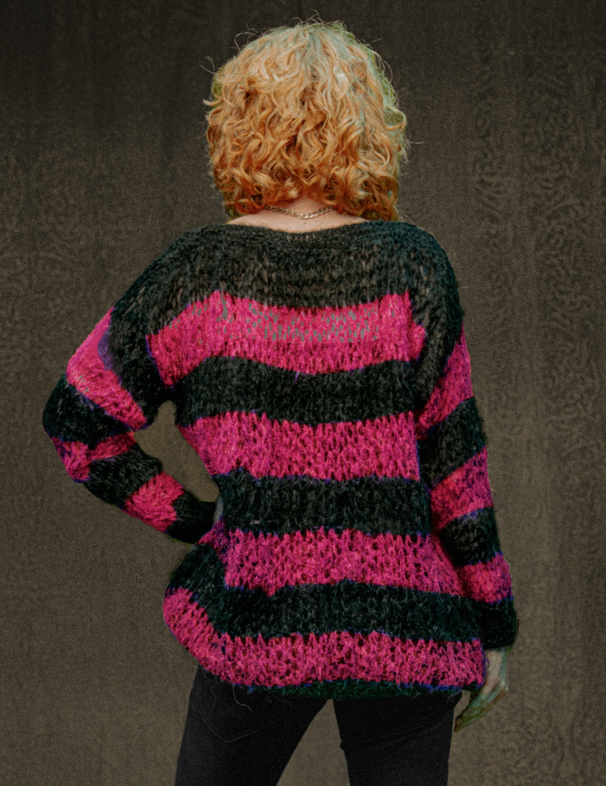 Pink and Black Striped Mohair Hand Knit Sweater