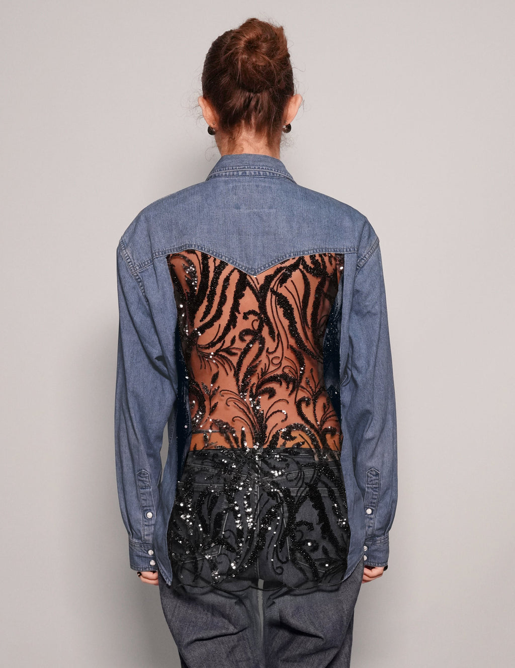 Party Back Shirt Black Sequin Blue Denim