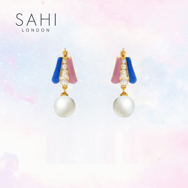 Fantasy Pearl Drop Earrings in Blue, Pink and Gold