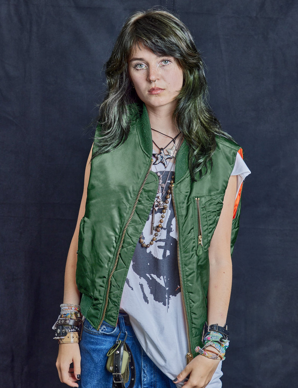 Vintage Green Bomber Gilet with Reversible Orange Lining