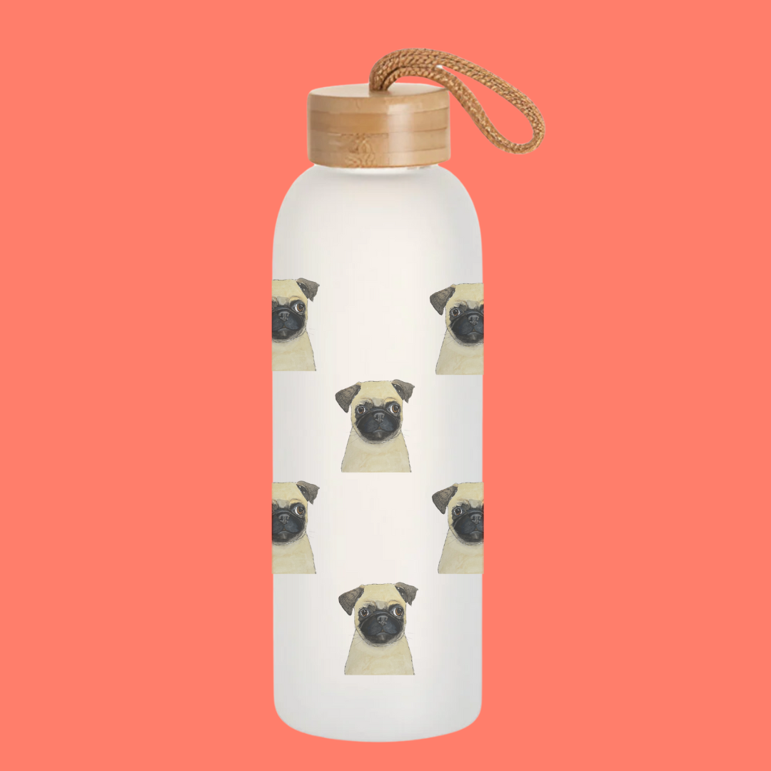 Pug Water Bottle 750ml Frosted Glass with Bamboo Lid