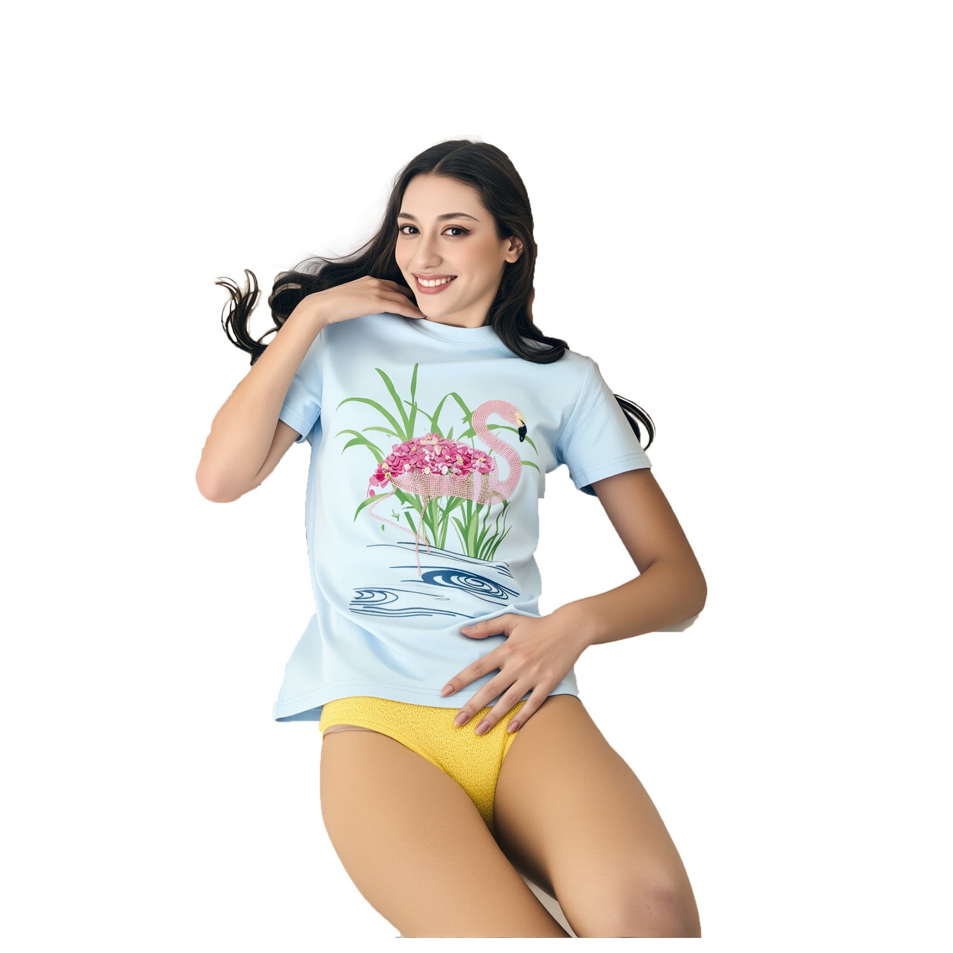 Cotton Flamingo Printed and Embroidered T-Shirt