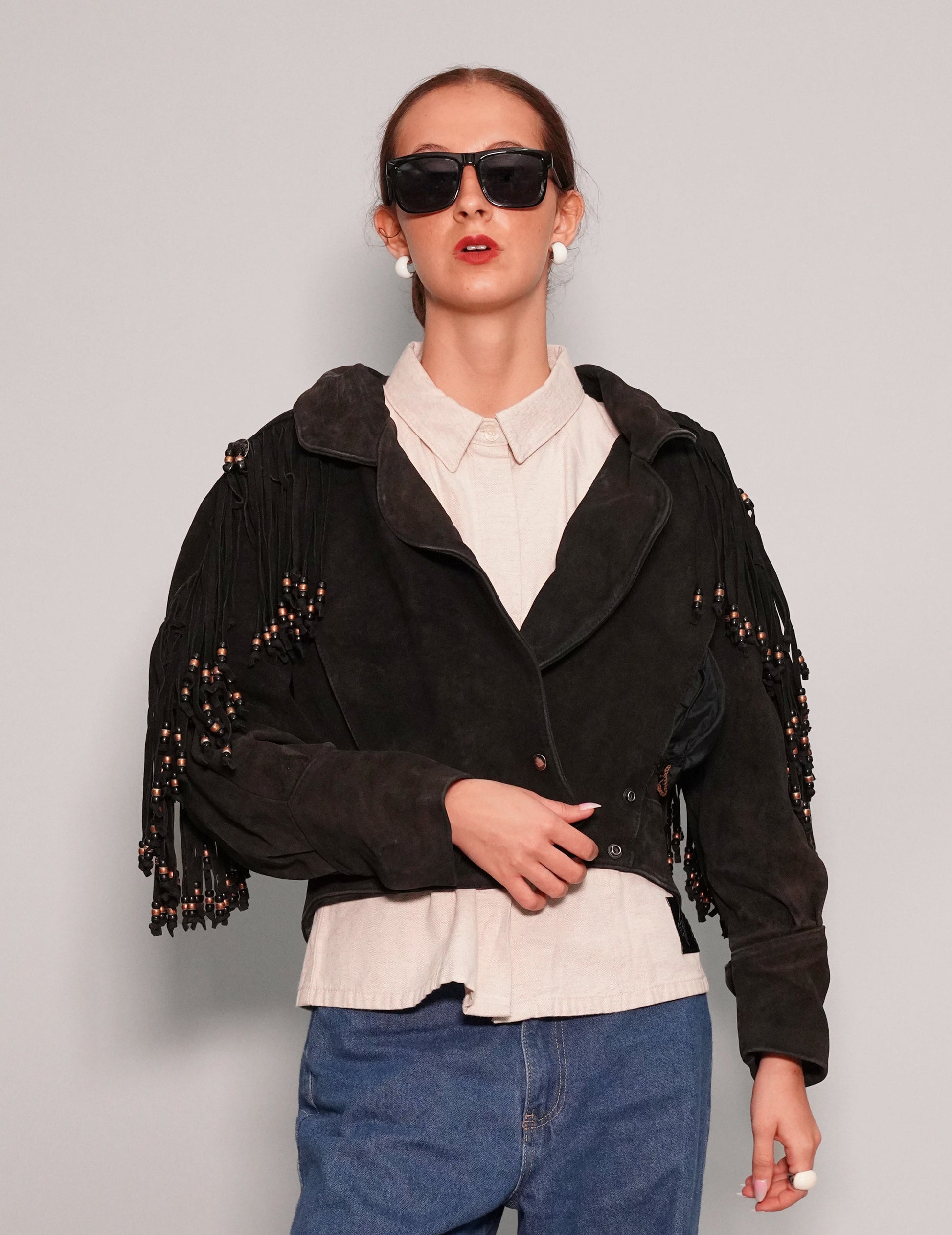 Black Beaded Cowgirl Leather Jacket