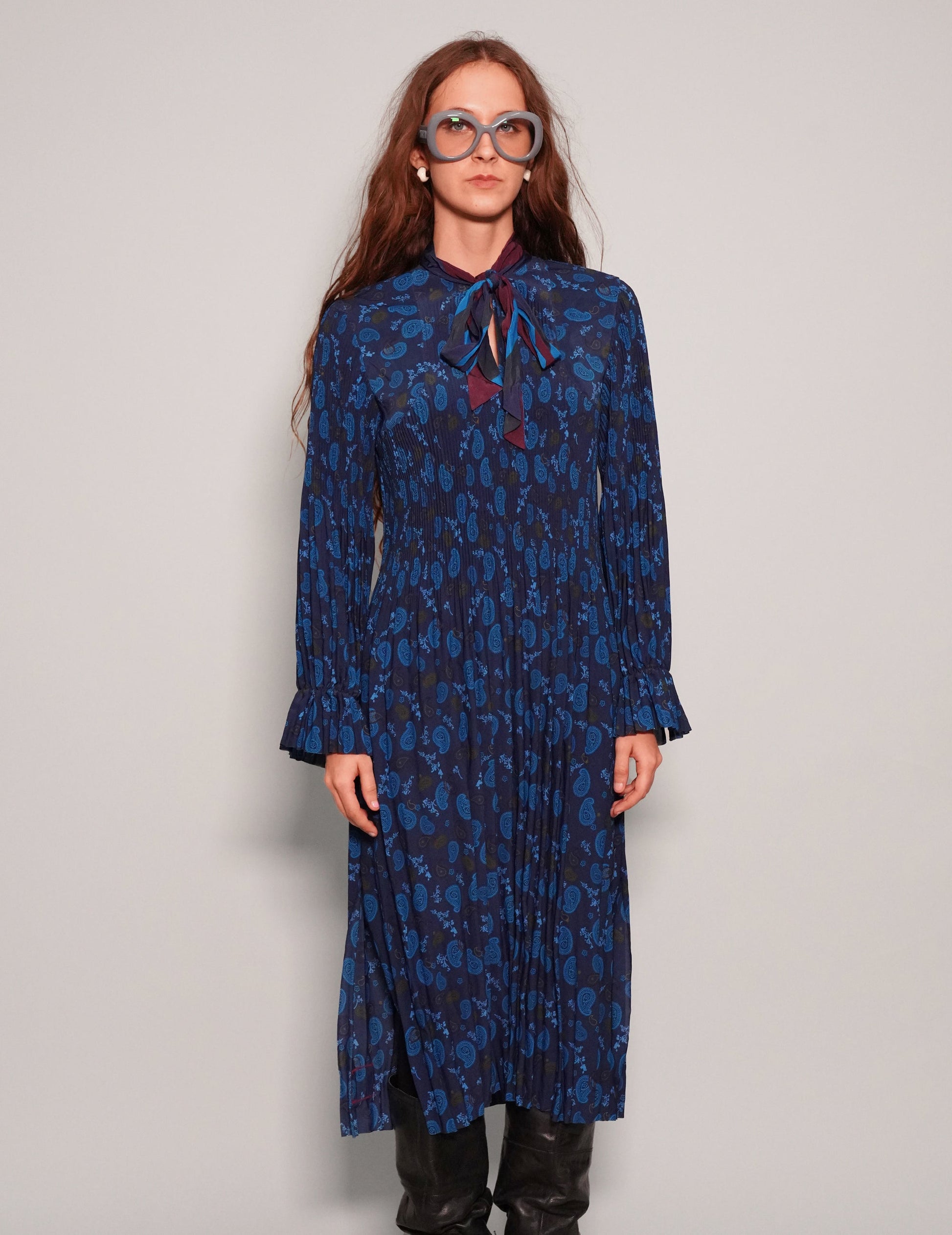 Blue Patterned Tie Neck Dress in Recycled Polyester