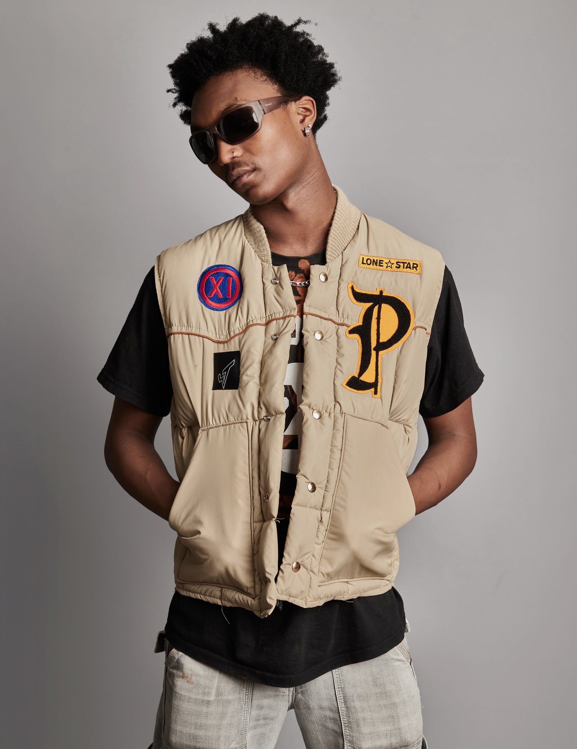 Vintage Khaki Puffer Gilet with Military Patches