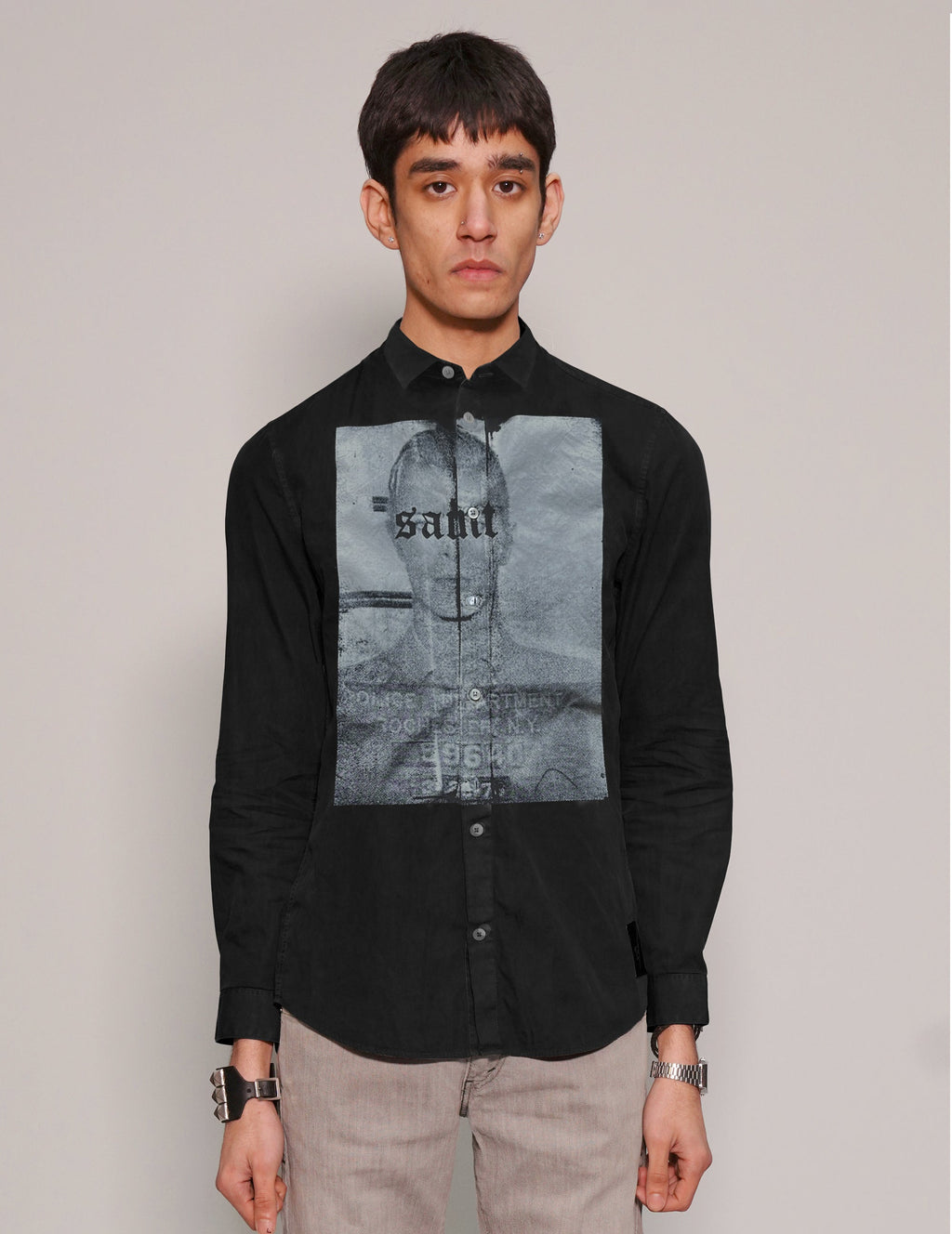 Saint Black Shirt with Rock Icon Mugshot Print