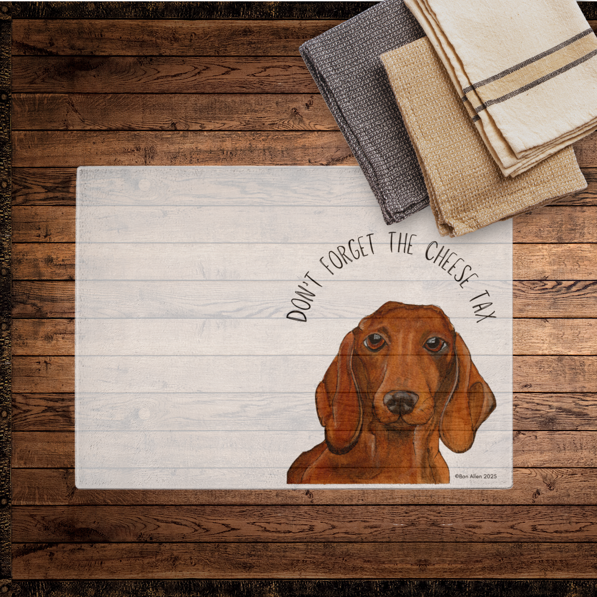 Dachshund Glass Chopping Board with Cheese Tax Design