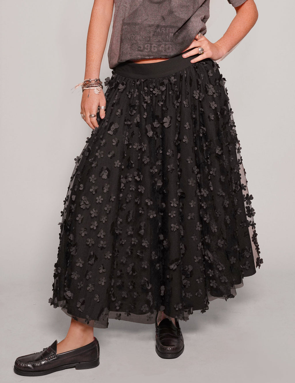Black Mesh Maxi Skirt with Floral Pattern