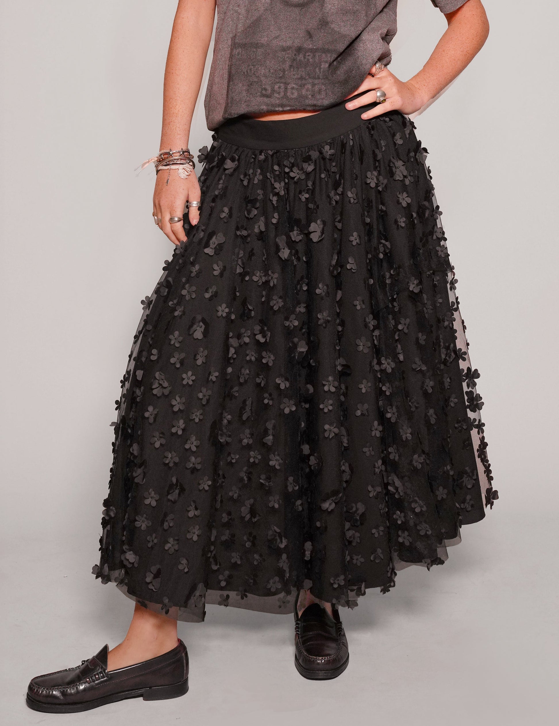 Black Mesh Maxi Skirt with Floral Pattern