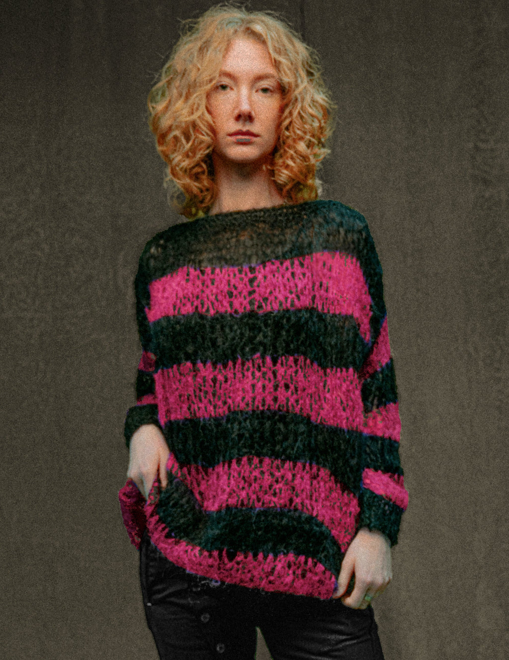 Pink and Black Striped Mohair Hand Knit Sweater